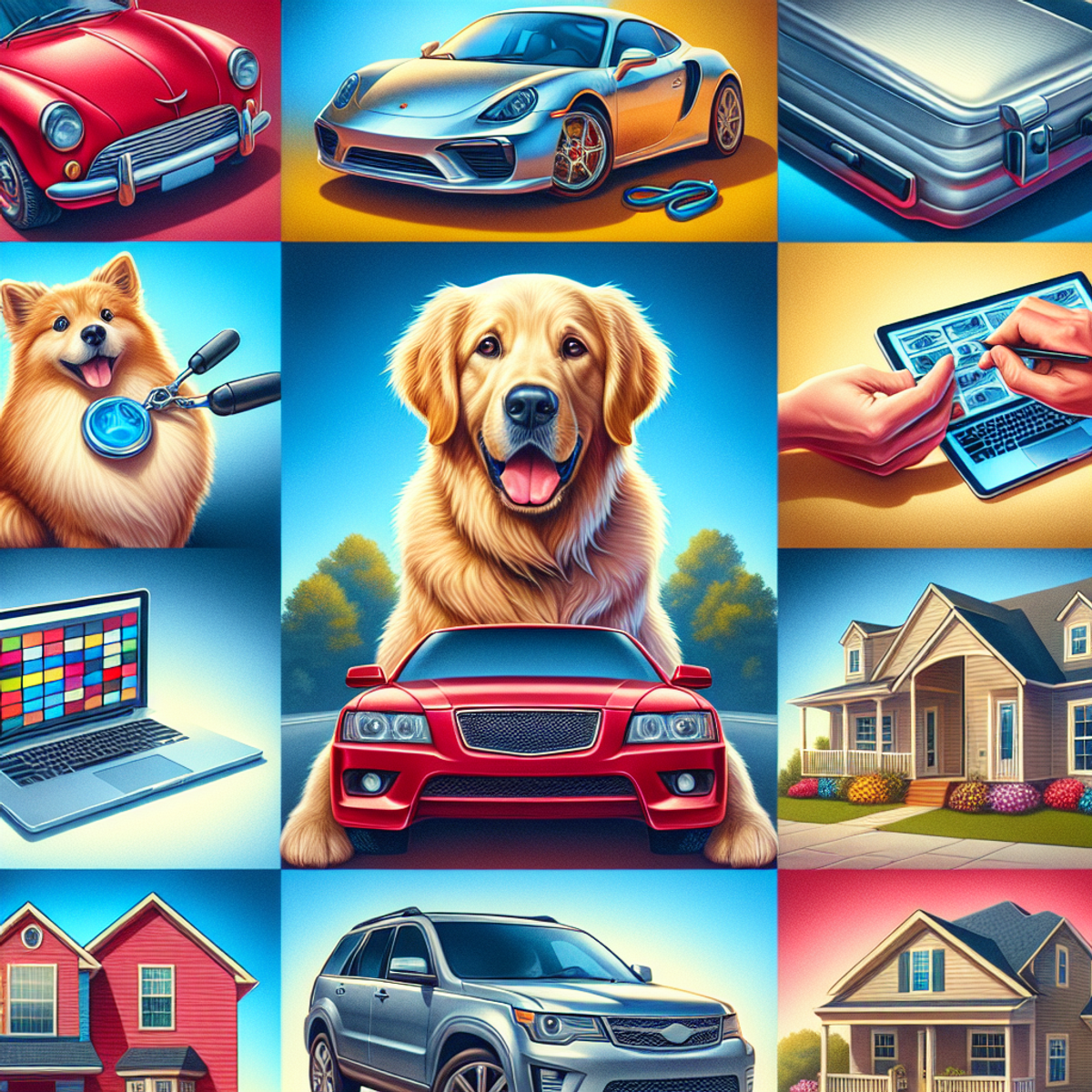 A collage of a glossy red car, fluffy golden retriever, sleek silver laptop, and charming suburban house.