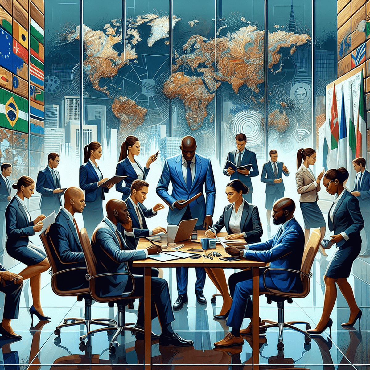 A diverse professional working group of African men and women engaged in discussions around a large conference table in a modern office. They are dressed in business attire, showcasing a mix of styles that reflect different industries like education, technology, and finance. In the background, a large world map is prominently displayed alongside various international flags, symbolizing global collaboration and opportunities. The atmosphere is vibrant and focused, with laptops, documents, and digital devices scattered on the table, emphasizing active engagement and ambition.