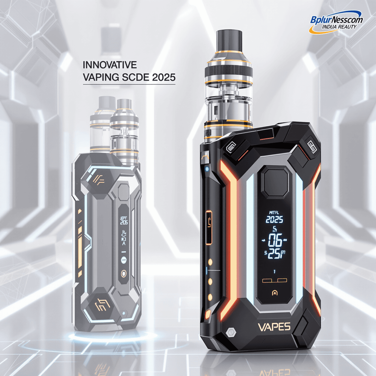 Sleek modern vape kit with glowing LED accents and digital display, set against a high-tech futuristic background.