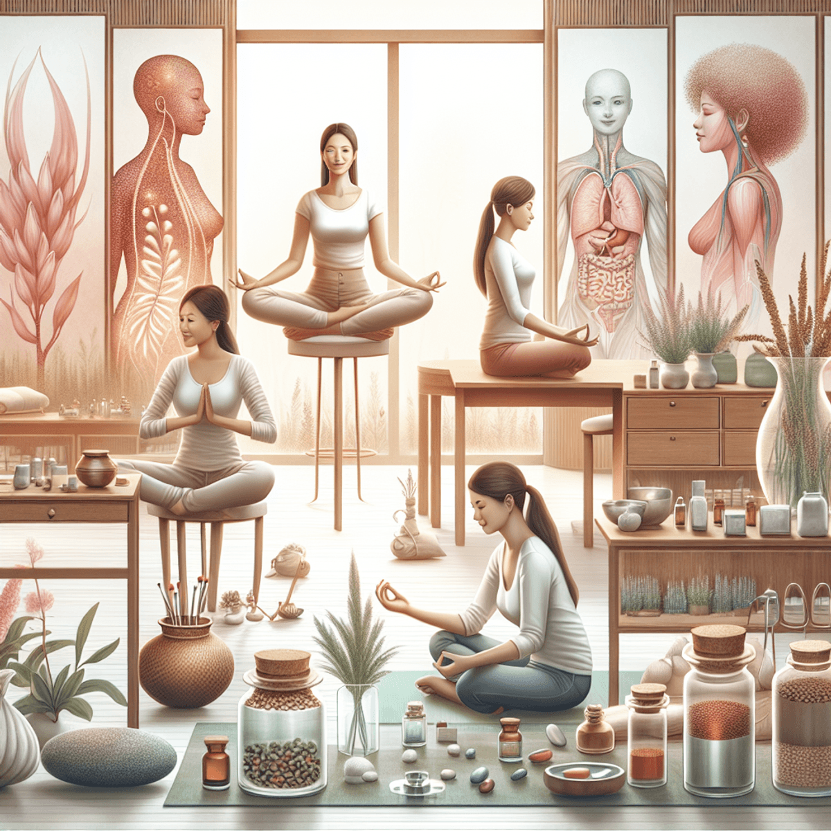 Endometriosis Impact On Infertility 5 A serene Ayurvedic clinic featuring three women engaged in wellness activities: a Caucasian woman practicing yoga, an Asian woman meditating, and a Hispanic woman surrounded by herbal remedies. The clinic's tranquil atmosphere is enhanced by natural elements representing holistic health and fertility support, creating a harmonious and peaceful environment.
