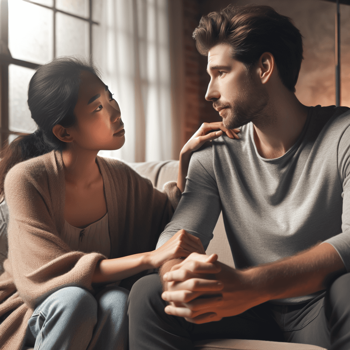 Endometriosis Impact On Infertility 9 A warm and cozy scene featuring an emotionally connected Asian woman and Caucasian man sitting closely together on a couch, engaged in a heartfelt conversation. Their body language conveys support and understanding, with soft lighting creating a comforting atmosphere.