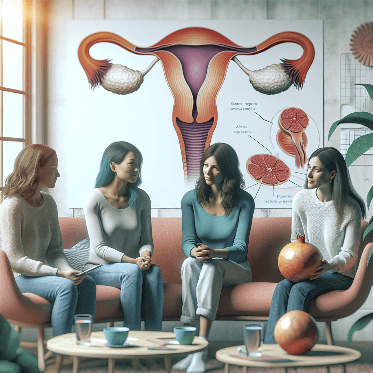 Endometriosis Impact On Infertility 8 Four women of diverse descents—Caucasian, Asian, Hispanic, and Middle-Eastern or South Asian—are seated in a cozy, warmly colored room. They are engaged in a deep conversation about health, surrounded by visual elements like a medical diagram and a 3D model of the uterine system. A pomegranate is placed on a table between them, symbolizing fertility. The setting features comfortable seating and indoor plants that add to the tranquil atmosphere.