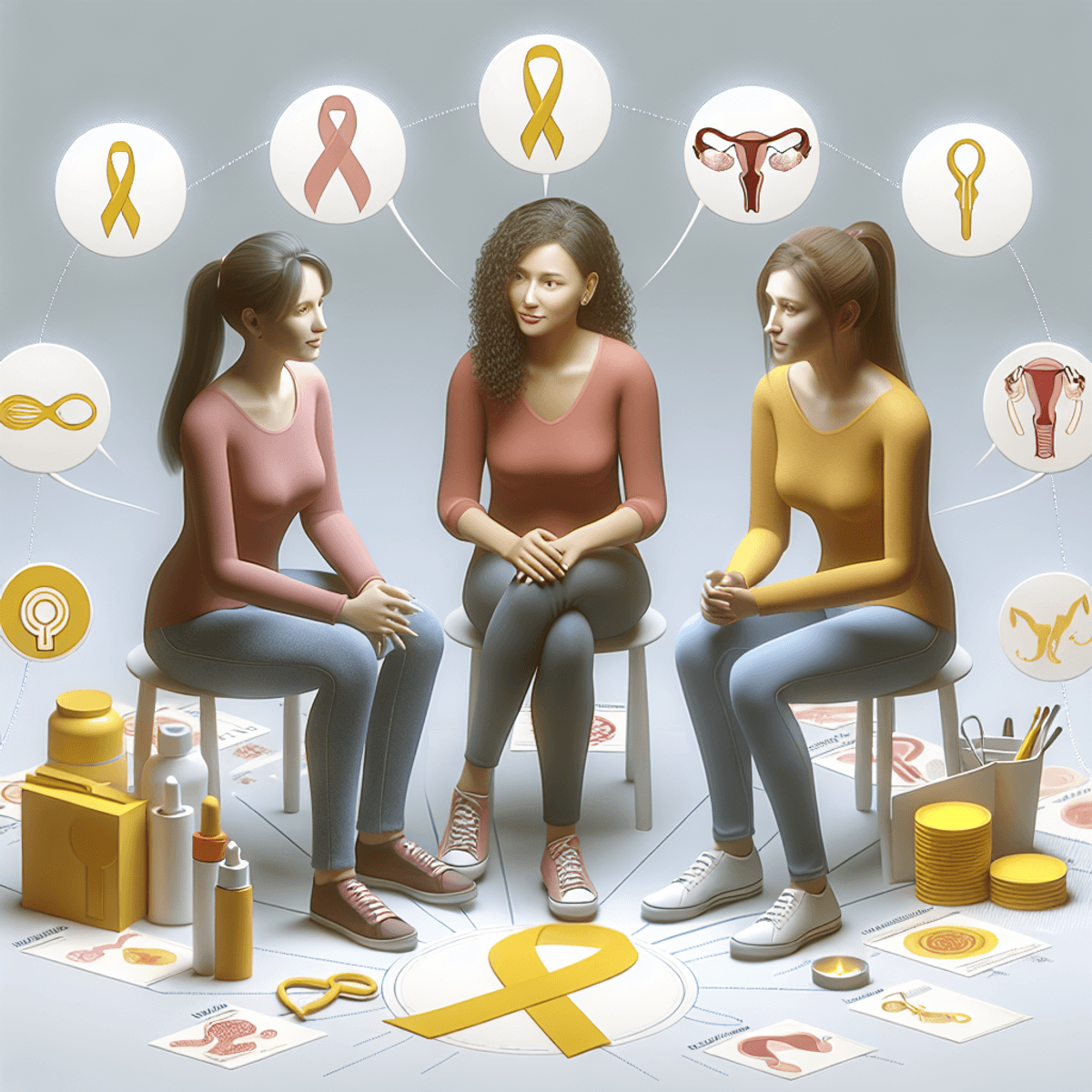 Endometriosis Impact On Infertility 2 A diverse group of three women—one Caucasian, one Asian, and one Hispanic—engaged in a lively conversation in a bright, inviting space. They are surrounded by yellow ribbons and visual aids related to endometriosis, symbolizing awareness and support. The atmosphere is warm and empowering, reflecting positivity as they share ideas about health and wellness.