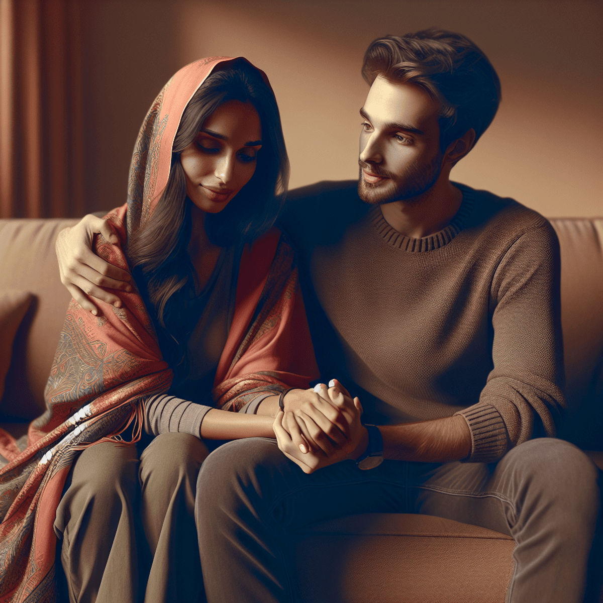 Endometriosis Impact On Infertility 7 A South Asian female and a Caucasian male sit closely together on a cozy couch, holding hands. Their faces show warmth and understanding, with gentle smiles and soft gazes towards each other. The room is bathed in warm light, creating an inviting atmosphere, with plush cushions and a softly patterned throw blanket adding to the comfort of the scene. Their body language exudes support and connection, capturing an intimate moment of emotional solidarity.