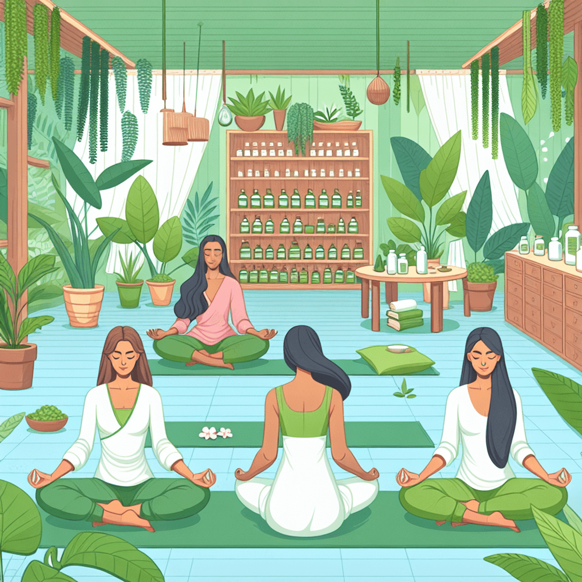 Endometriosis Impact On Infertility 4 A serene Ayurvedic clinic filled with lush green plants and medicinal herbs, featuring three women of different descents—Caucasian, Asian, and Hispanic—engaged in yoga and meditation practices, embodying a peaceful atmosphere of holistic health and wellness.