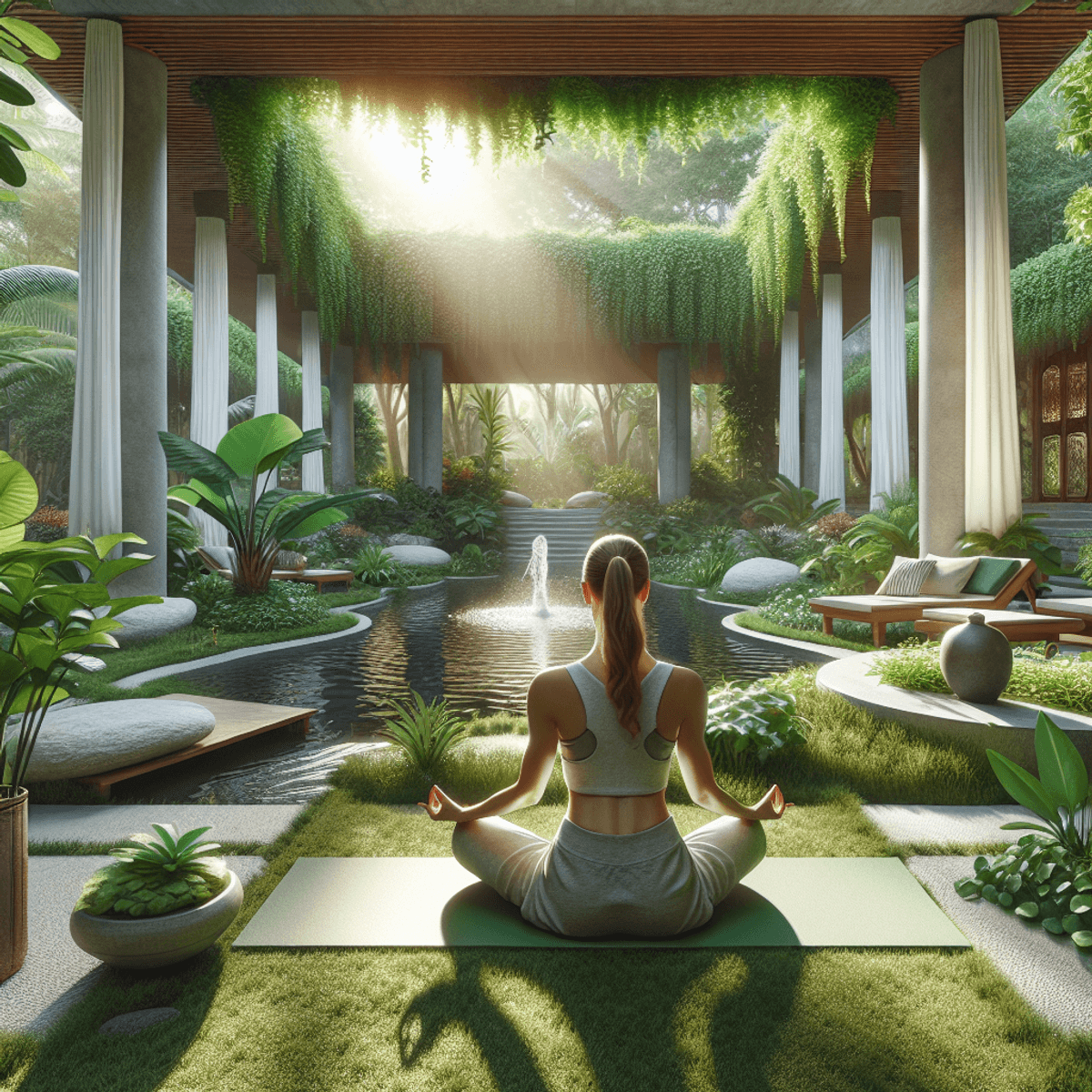 Endometriosis Impact On Infertility 3 A Caucasian woman practicing yoga in a tranquil Ayurveda wellness center in India, surrounded by lush greenery and relaxing water features, with soft sunlight filtering through the foliage, creating a serene atmosphere.
