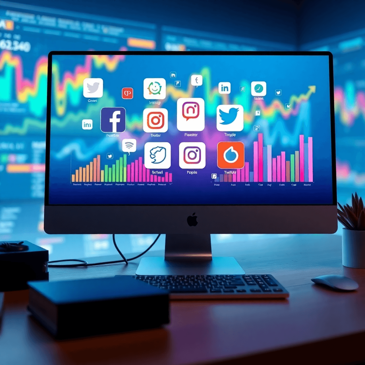 A modern digital workspace with a sleek computer screen showcasing social media icons and colorful graphs, symbolizing innovation in social media management.