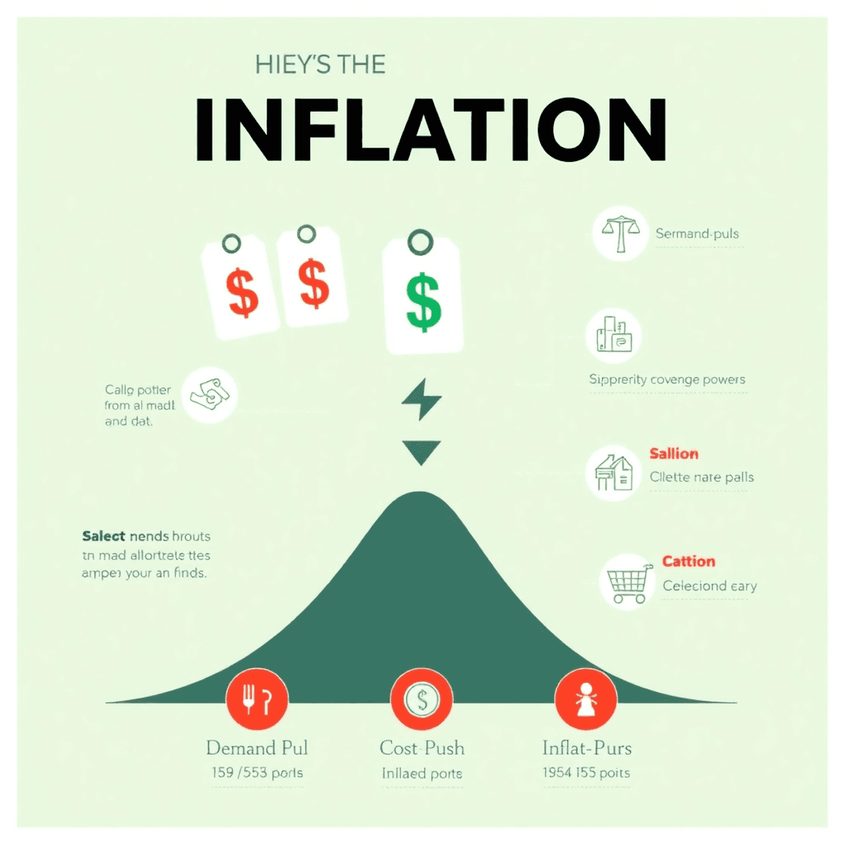 An infographic on inflation with rising price tags, a downward graph, and icons for demand-pull and cost-push inflation in a minimalist style with a green and red color palette.