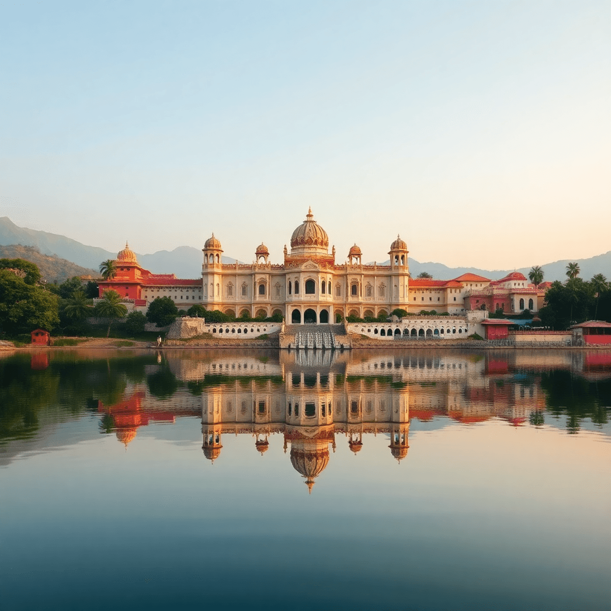 A picturesque reflection of Udaipur's City Palace in Lake Pichola, framed by lush greenery and vibrant traditional architecture, showcasing Rajasthan's royal heritage.