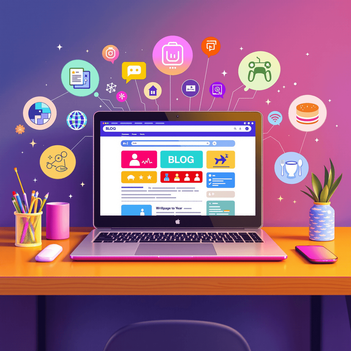 Sebuah laptop yang menampilkan antarmuka blog berwarna-warni, dikelilingi oleh ikon-ikon menulis, bermain game, perjalanan, makanan, dan alat AI di dalam ruang kerja digital yang hidup.