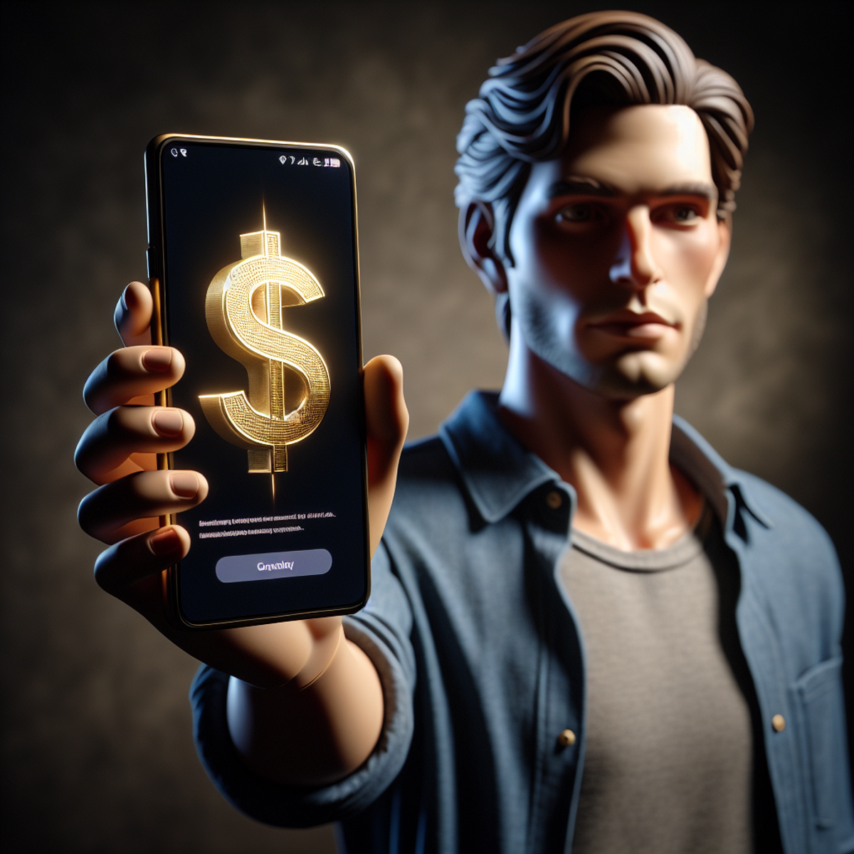A man holding a smartphone with a money symbol on the screen.