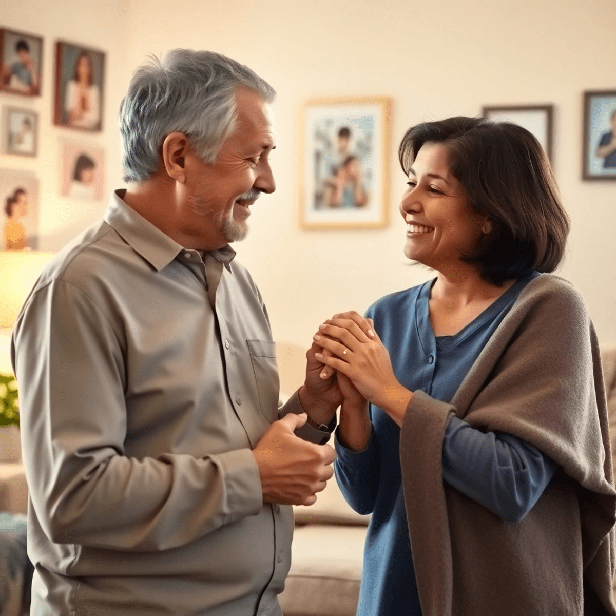 A caregiver gently holds the hand of an elderly man in a cozy living room, surrounded by soft lighting, fam...