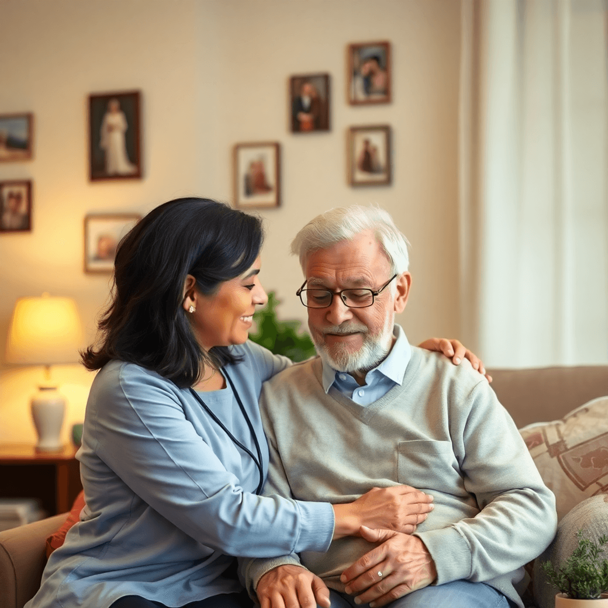 A caregiver gently assists an elderly man in a cozy home, surrounded by warm decor, soft lighting, and pers...