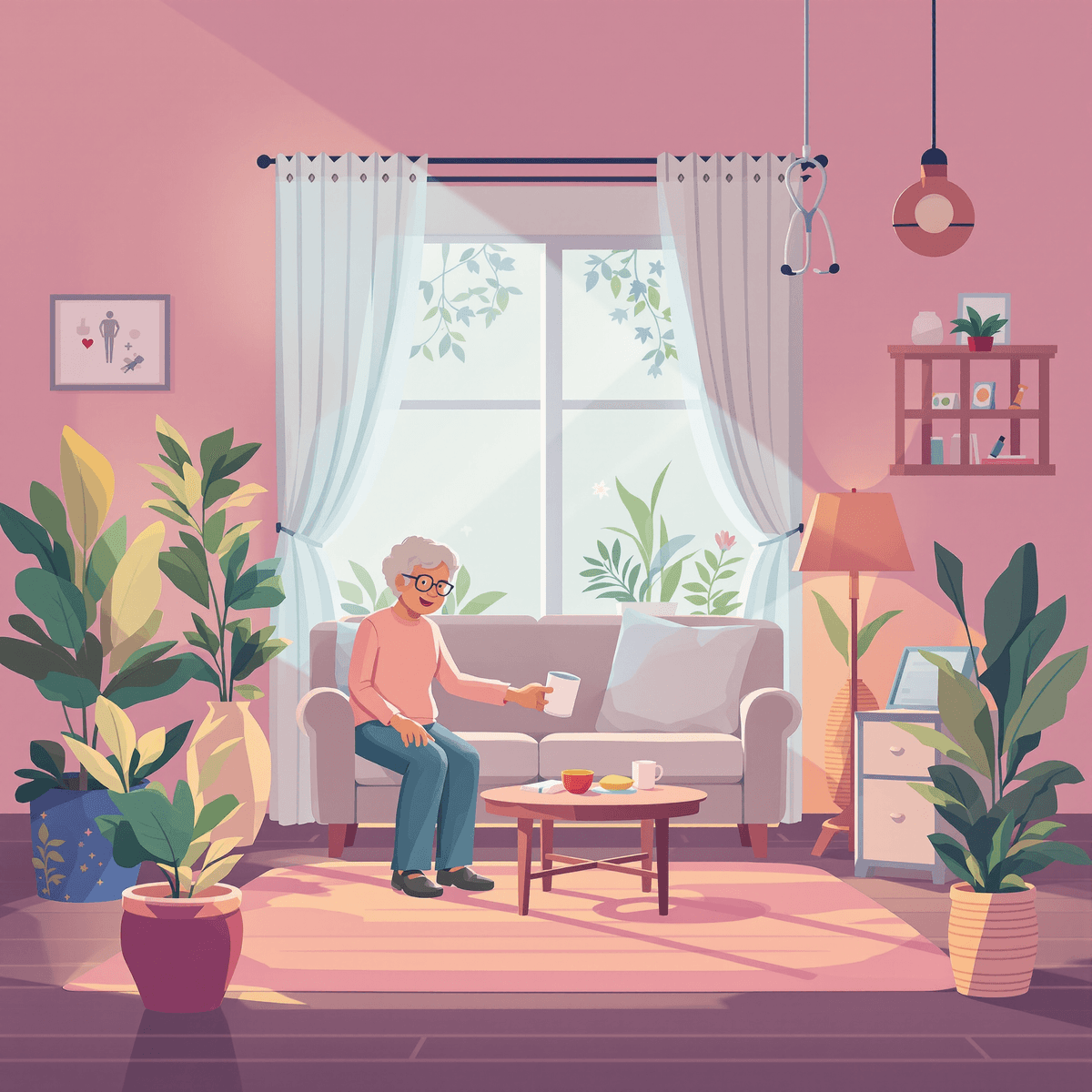 A caring hand reaches out to an elderly person in a cozy home filled with soft lighting and plants, symboli...