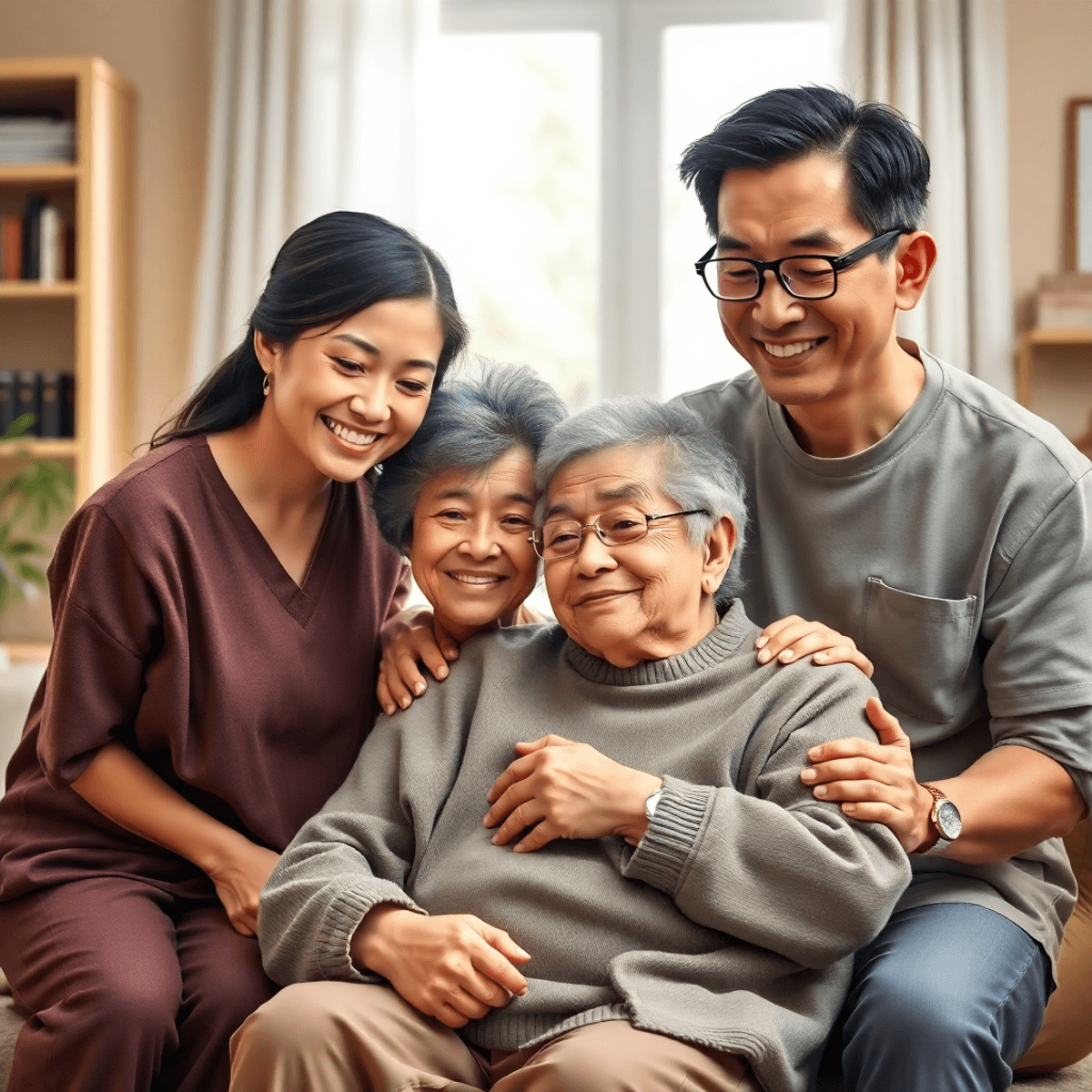 A warm home scene showing caregivers supporting an elderly person with dementia, emphasizing care and conne...