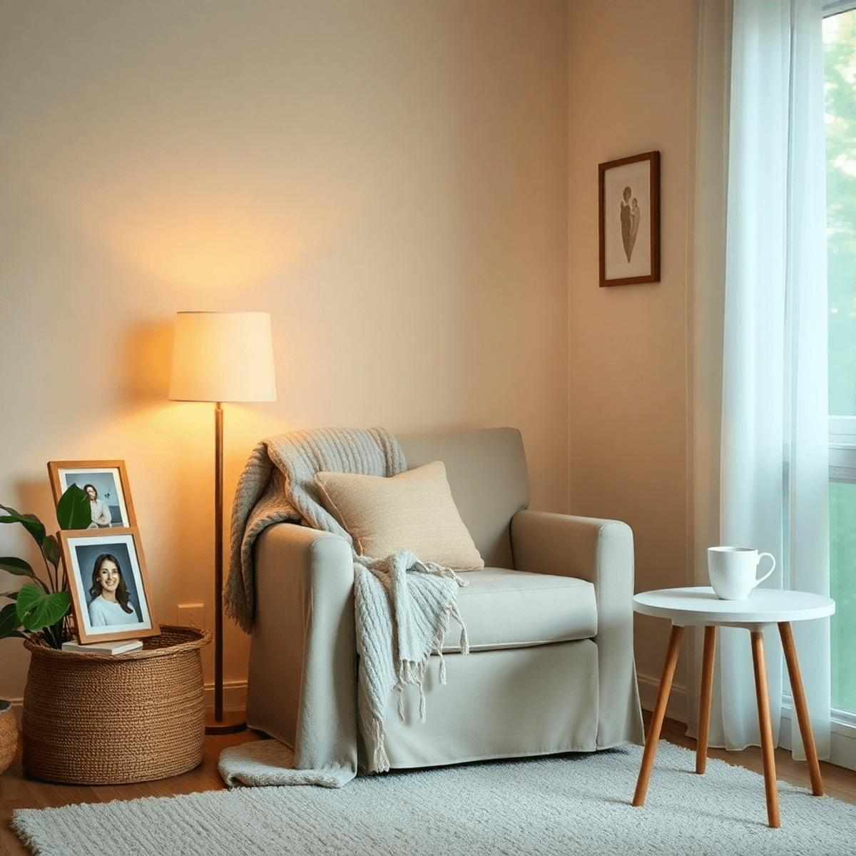 A cozy home setting with soft lighting, featuring a comfortable chair, a family photo, a warm throw blanket...