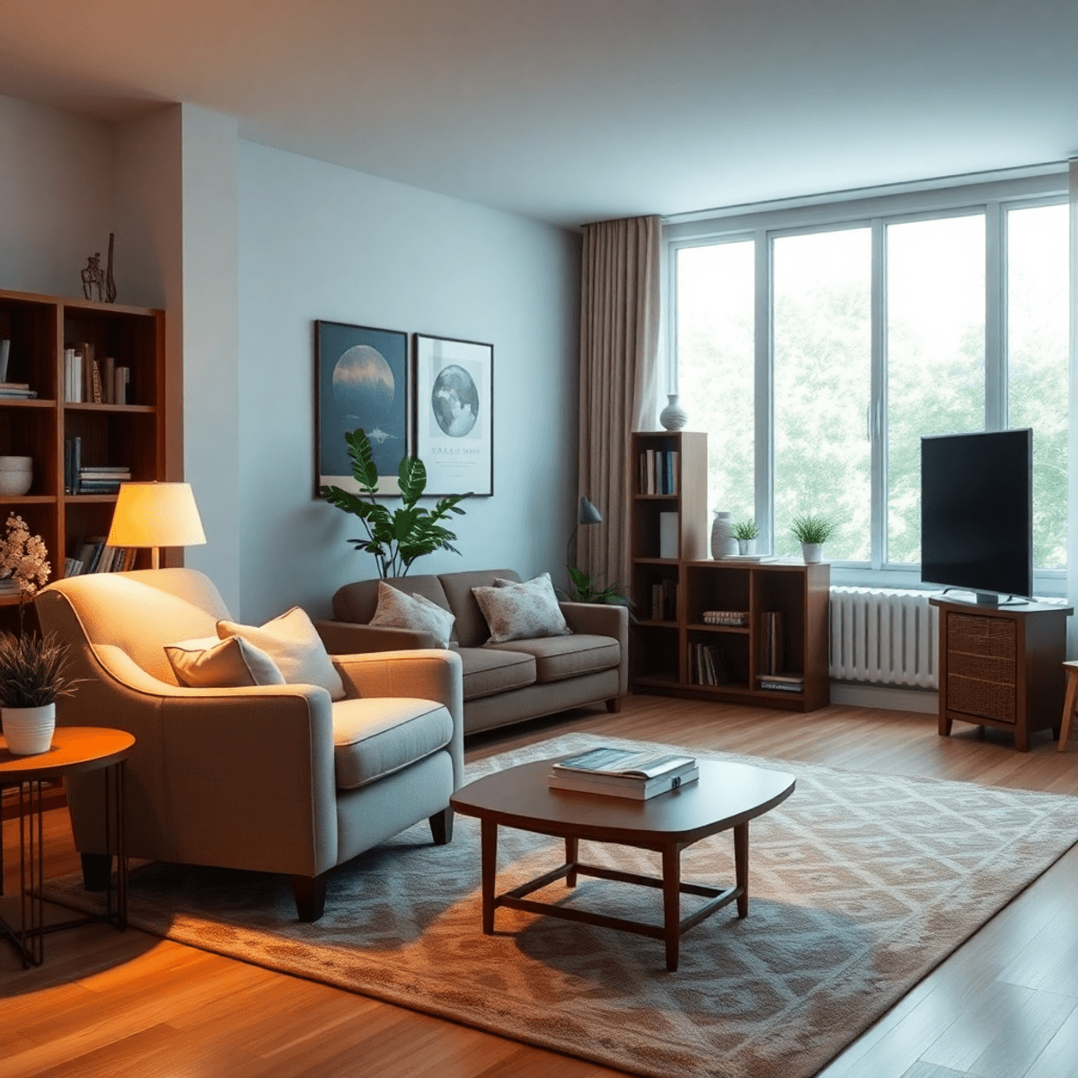 A cozy living room with warm colors, inviting furniture, and soft lighting. Smart home devices are subtly i...