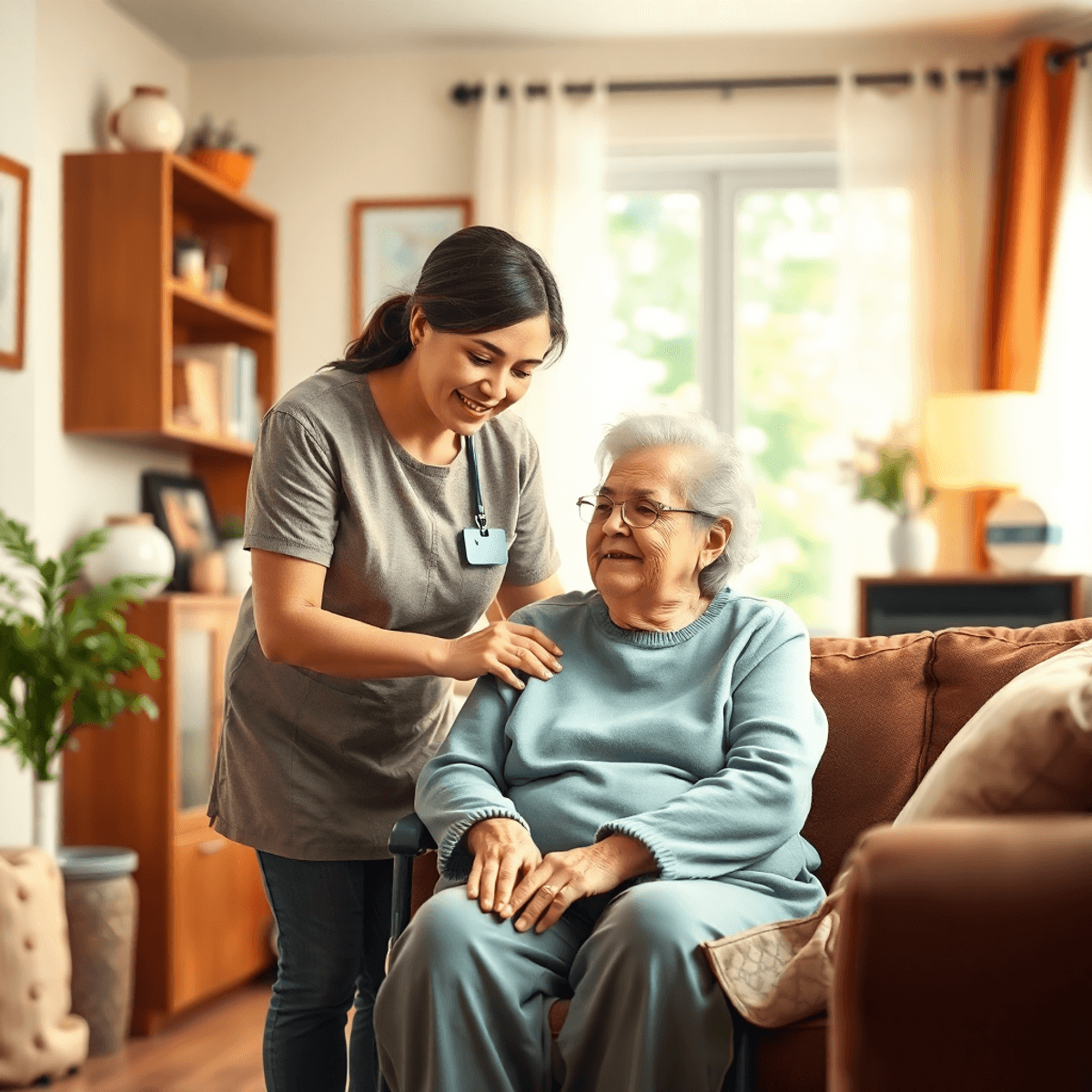 A cozy home scene with an elderly person receiving gentle assistance from a caregiver, surrounded by person...