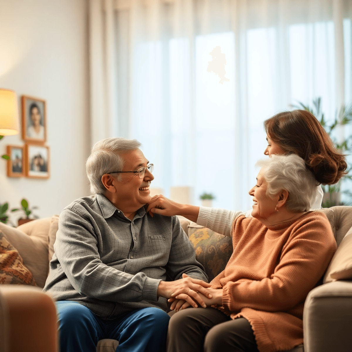 A warm living room scene showing a caregiver gently assisting an elderly person with dementia, surrounded b...
