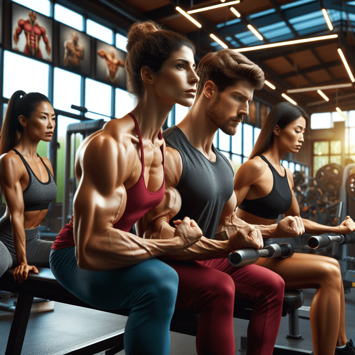 A Caucasian man, a Hispanic woman, and an Asian woman are intensely focused on their chest and tricep workouts in a bright, vibrant gym. The man is performing bench presses with visible muscle definition, while the Hispanic woman executes tricep dips nearby, showcasing her toned arms. The Asian woman is engaged in another exercise, emphasizing her strong upper body. The gym is well-lit, creating an energetic atmosphere, with advanced gym equipment visible in the background.