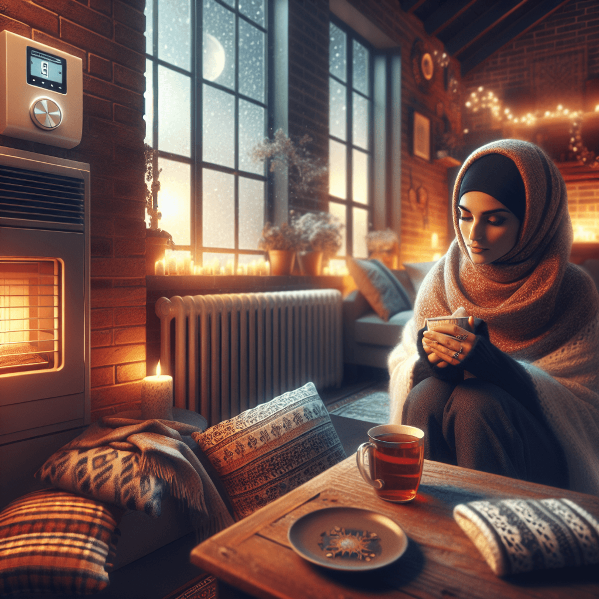 A cozy living room during winter, warmly lit with soft yellow hues. A Middle-Eastern woman with a thoughtful expression adjusts the thermostat. Blankets are casually draped around the room, enhancing the comfort. In the foreground, a steaming mug of tea sits on a coffee table, adding to the inviting atmosphere. A furnace or heating vent is subtly visible in the background, suggesting warmth despite the cold outside.