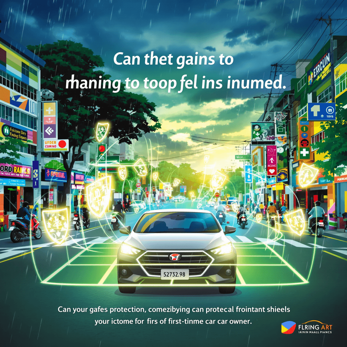 Modern compact car navigating busy Philippine street with motorcycles and jeepneys, under a dynamic sky, surrounded by glowing protective shields symbolizing safety.