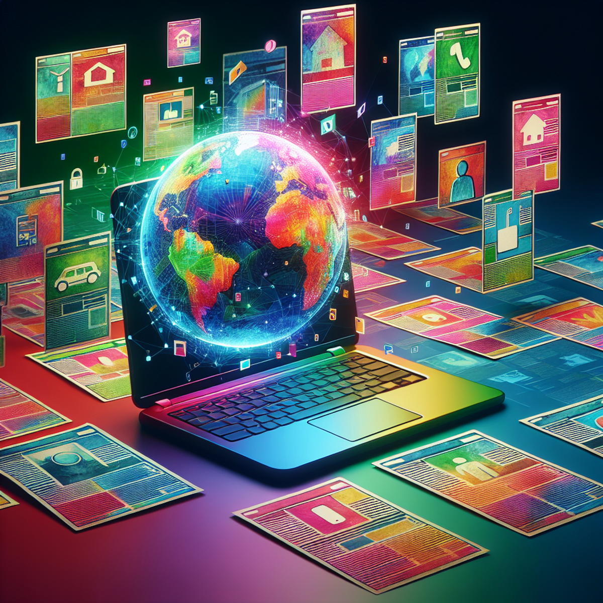 An open laptop displaying a vividly colored globe on the screen, surrounded by an assortment of colorful portrait papers with abstract symbols and icons representing classified ads.