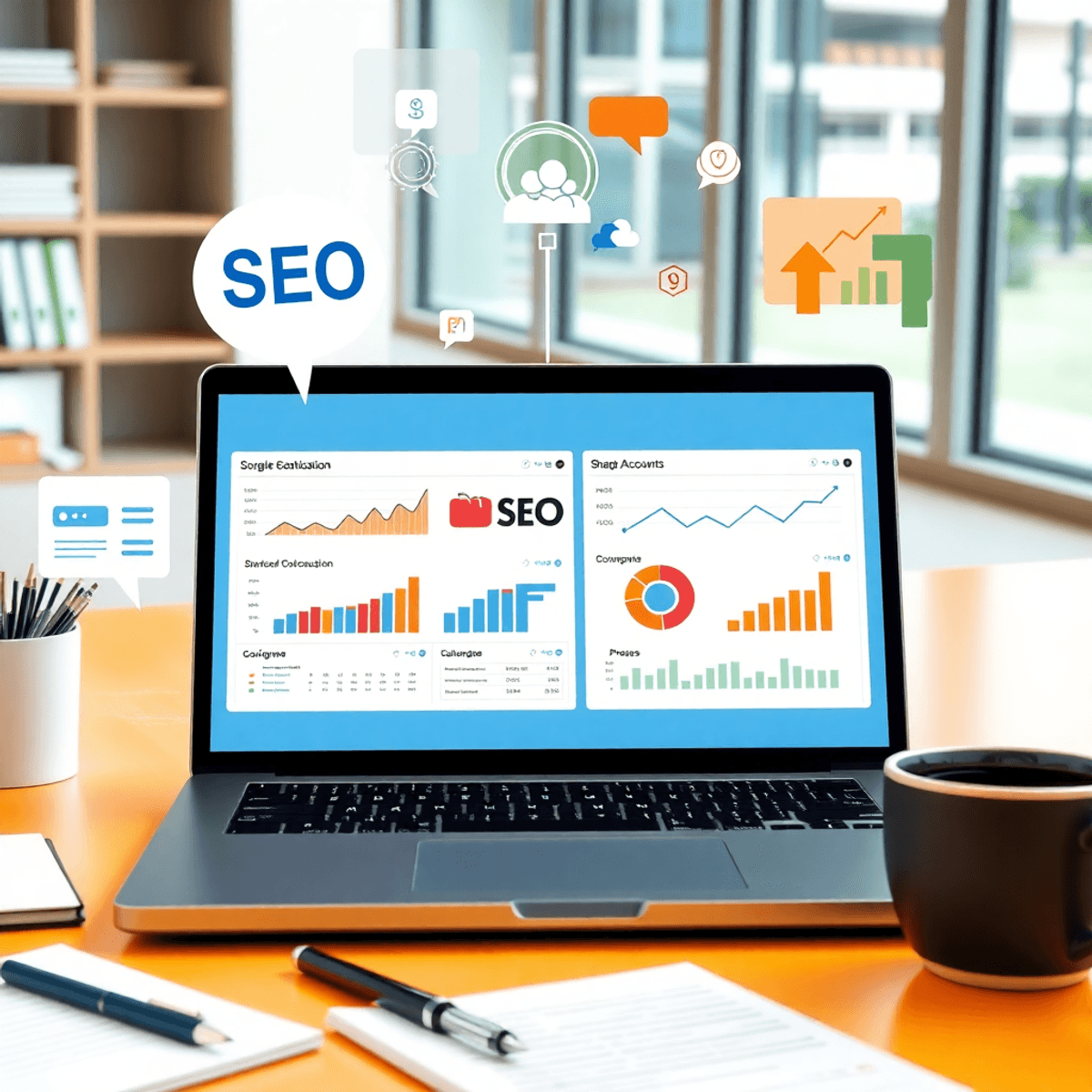 A modern workspace with a laptop showing SEO graphs, a notepad, pen, and coffee cup, creating a vibrant and professional atmosphere for collaboration.