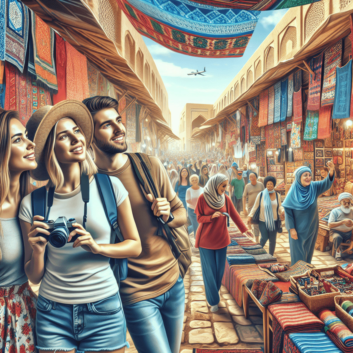 A diverse group of tourists, including Caucasian and Hispanic individuals, explores a vibrant Middle Eastern marketplace filled with colorful textiles and local crafts. Traditional architectural elements are visible in the background, enhancing the scene's cultural richness. The tourists express joy and fascination as they immerse themselves in the lively atmosphere of the market. The image is realistic, focusing on symbols, people, and objects without any legible text.