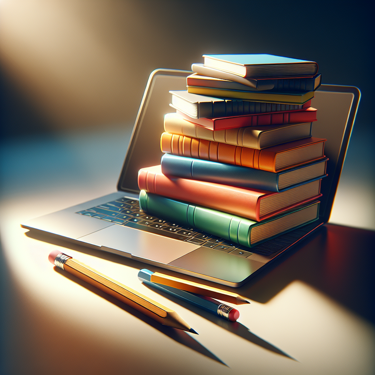 A laptop on a desk with colorful books stacked next to it and a pencil on top.