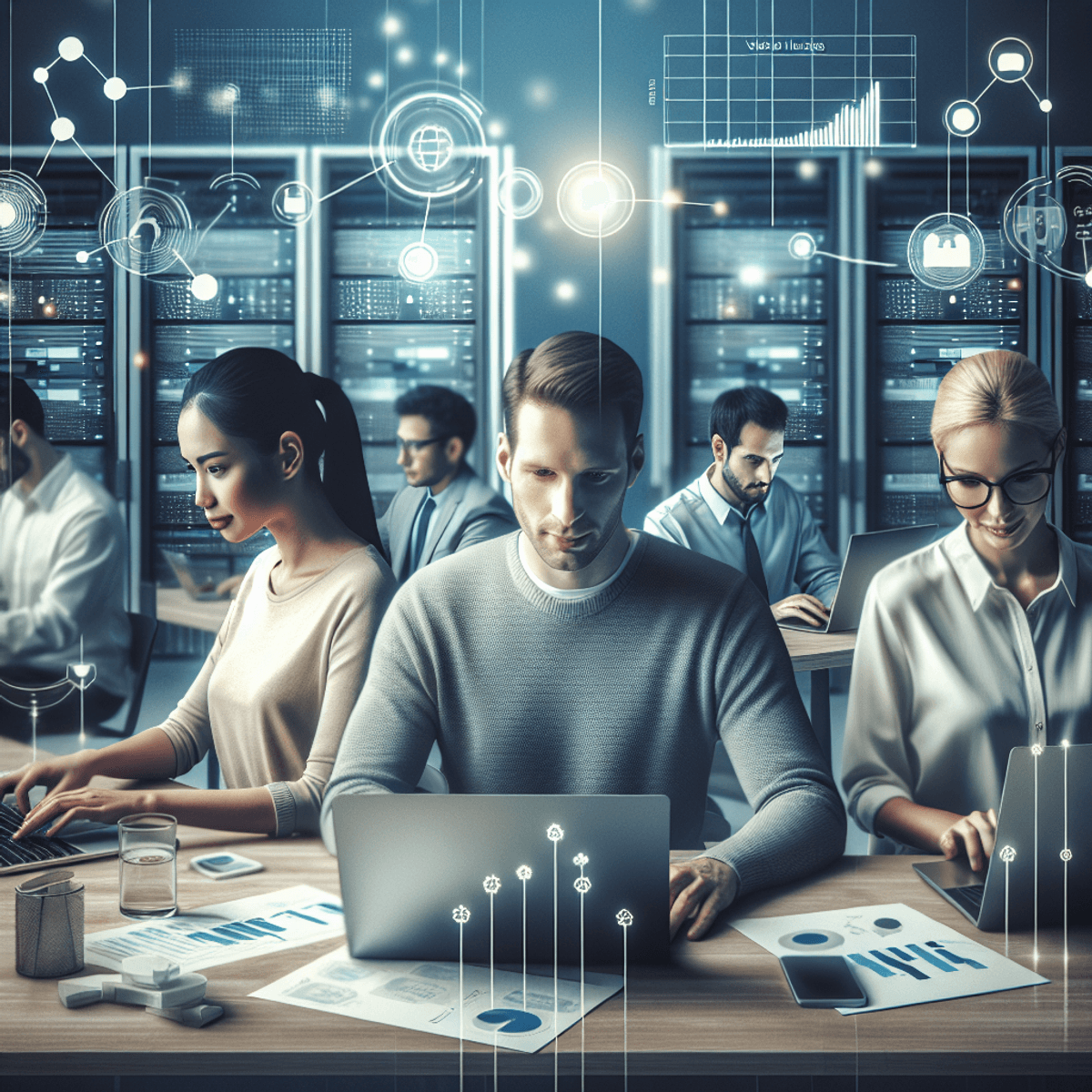 A modern office setting featuring a diverse group of individuals working collaboratively at desks with laptops. A Caucasian man and an Asian woman are engaged in discussion, surrounded by colleagues of various ethnicities. In the background, server racks and screens displaying abstract graph-like visuals subtly represent technology and web hosting. The atmosphere conveys unity, innovation, and progress in the digital realm, with a bright and open design that fosters teamwork.