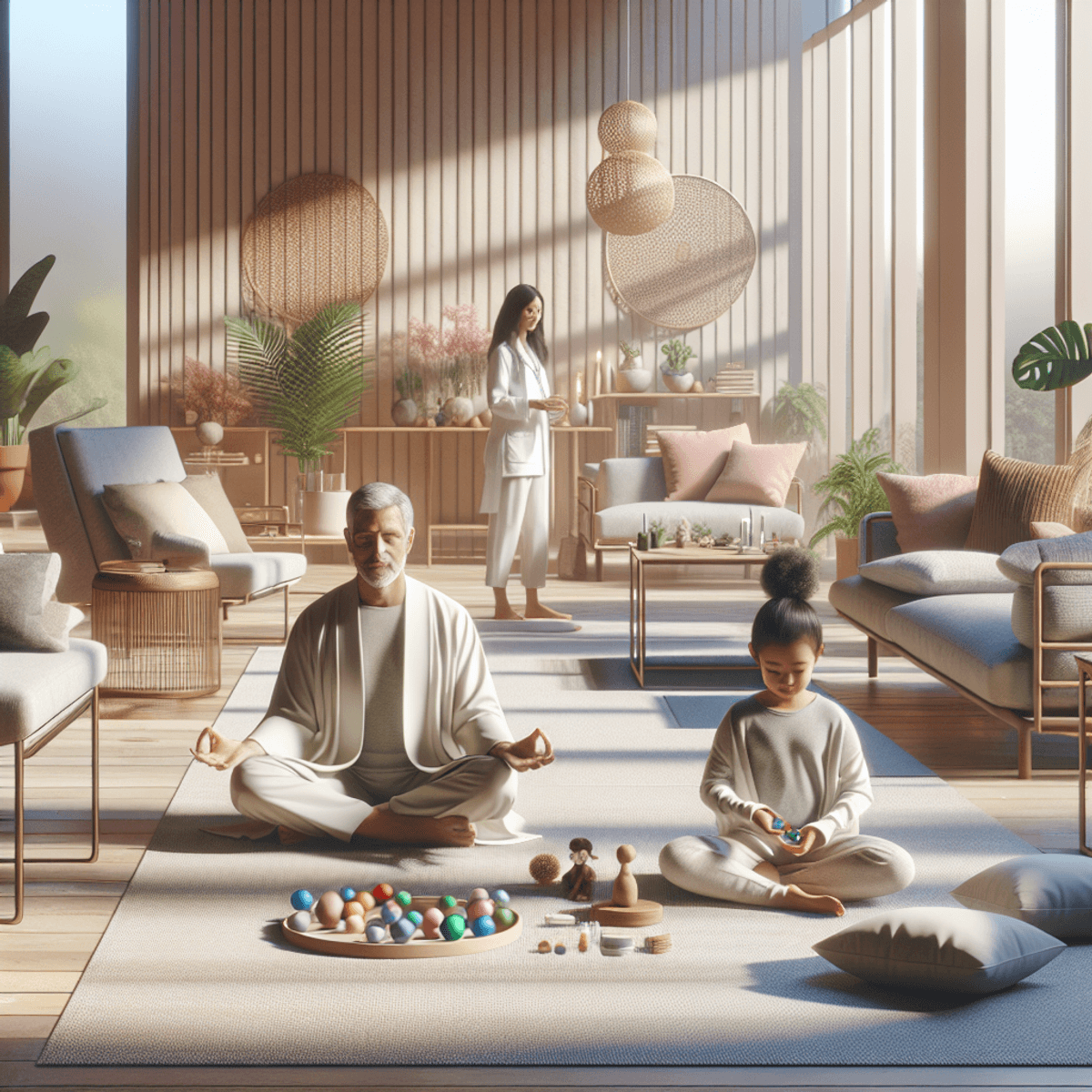 Start Ayurveda-Naturopathy Neuro-Spine Clinic In Your City 4 A serene clinic interior bathed in soft natural light, featuring cozy seating areas and various green plants. The walls are painted in soothing hues, creating a calming atmosphere. In one corner, a middle-aged Caucasian man practices meditation with a peaceful expression. Nearby, a young Hispanic woman gracefully holds a yoga pose, embodying tranquility. A Black toddler plays contentedly with a sensory toy on the floor, adding an element of joyful exploration to the scene. The overall ambiance conveys relaxation and wellness through diverse interactions and healing activities.