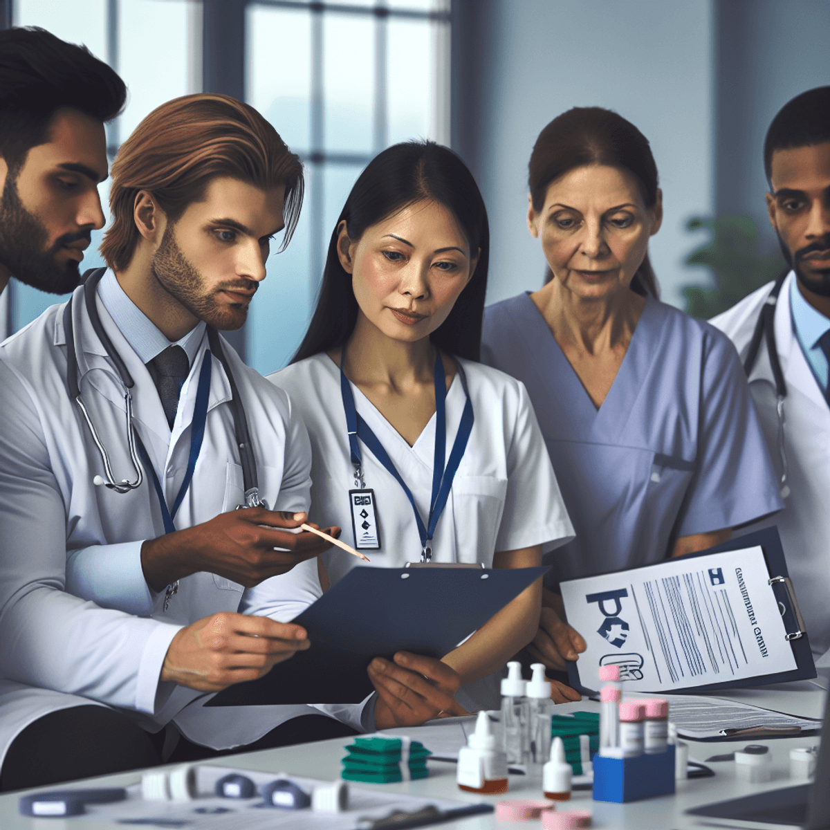 Start Ayurveda-Naturopathy Neuro-Spine Clinic In Your City 5 A multi-ethnic team of healthcare professionals in a modern alternative medicine clinic, featuring a Caucasian doctor and a South Asian nurse engaged in a focused discussion. They are surrounded by documentation files, checklists, and compliance tags, creating an atmosphere of professionalism and collaboration. The clinic is bright and well-organized, with plants and calming decor enhancing the setting.
