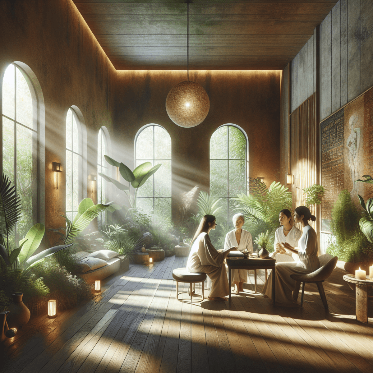 Start Ayurveda-Naturopathy Neuro-Spine Clinic In Your City 3 A serene Ayurvedic clinic featuring warm, earthy tones and a nature-inspired ambiance. A Caucasian woman, an experienced Ayurvedic practitioner, is engaged in a thoughtful discussion on treatment plans with her Hispanic and Asian colleagues. The interiors are filled with lush indoor plants and bathed in soft natural light, creating a tranquil atmosphere. Faint shadows and vibrant green hues enhance the space, promoting relaxation and a sense of well-being and harmony.