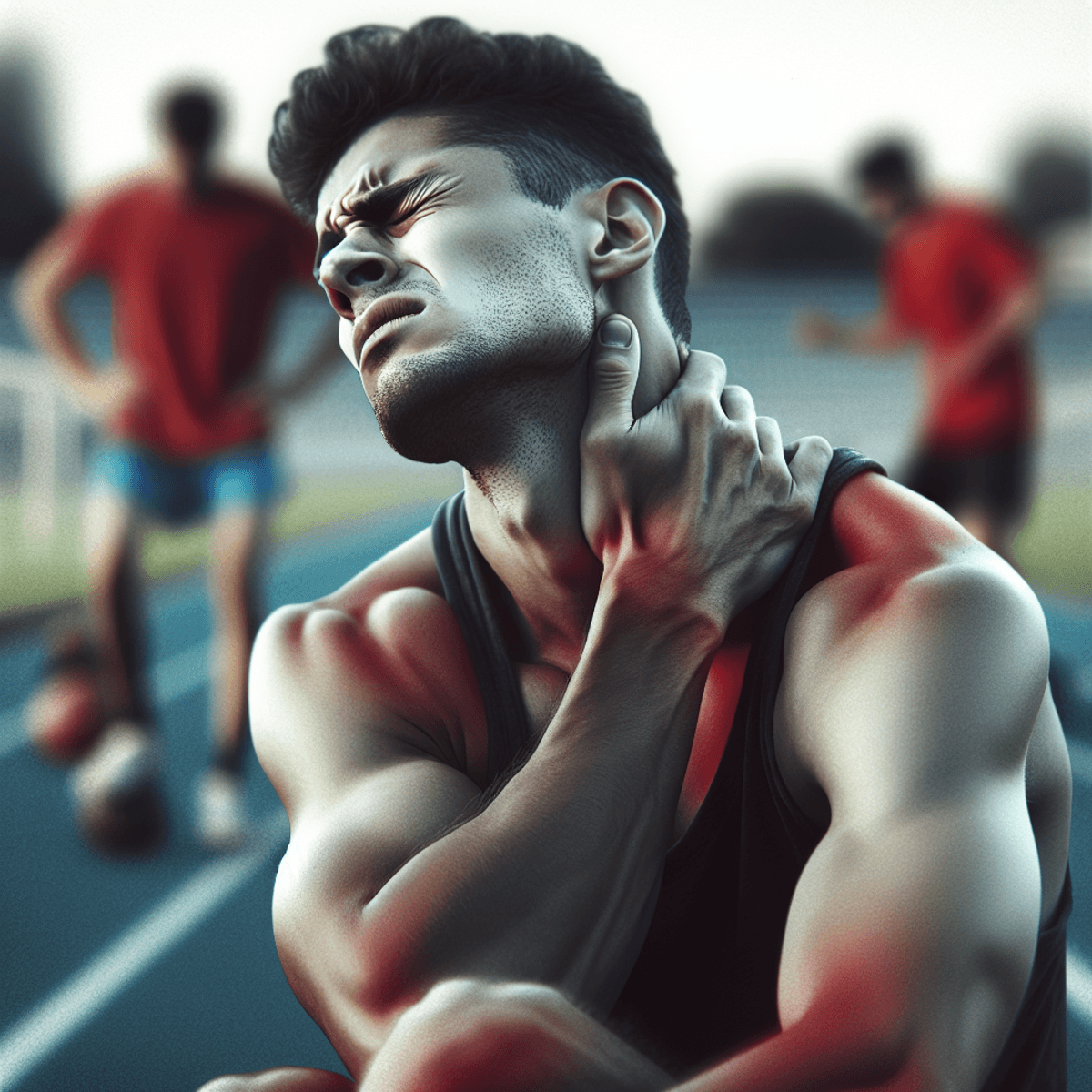 Start Ayurveda-Naturopathy Neuro-Spine Clinic In Your City 2 A Hispanic male athlete sits on an athletic field, cradling his neck with a distressed expression, conveying anxiety and discomfort. In the blurry background, fellow athletes are engaged in their training, while the focus remains on the athlete's tense features, symbolizing the impact of nerve numbness and sports injuries.