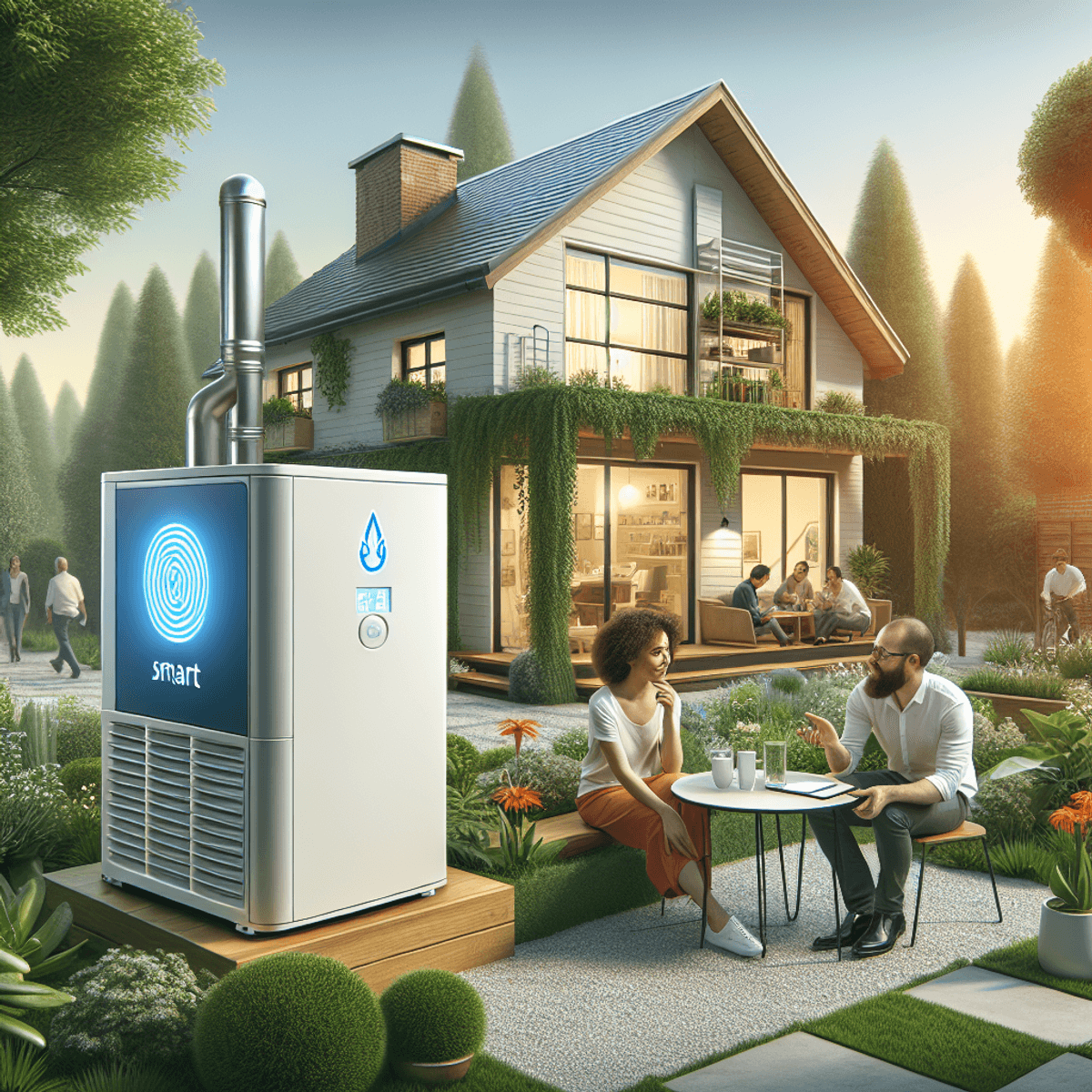 A modern energy-efficient smart heat pump installed outside a contemporary home, surrounded by vibrant green plants and flowers. A Caucasian woman and a Hispanic man stand nearby, engaged in an animated discussion, gesturing towards the heat pump with smiles, highlighting its eco-friendly benefits. The scene conveys a sense of community and sustainability, with the lush vegetation enhancing the environmentally friendly atmosphere.