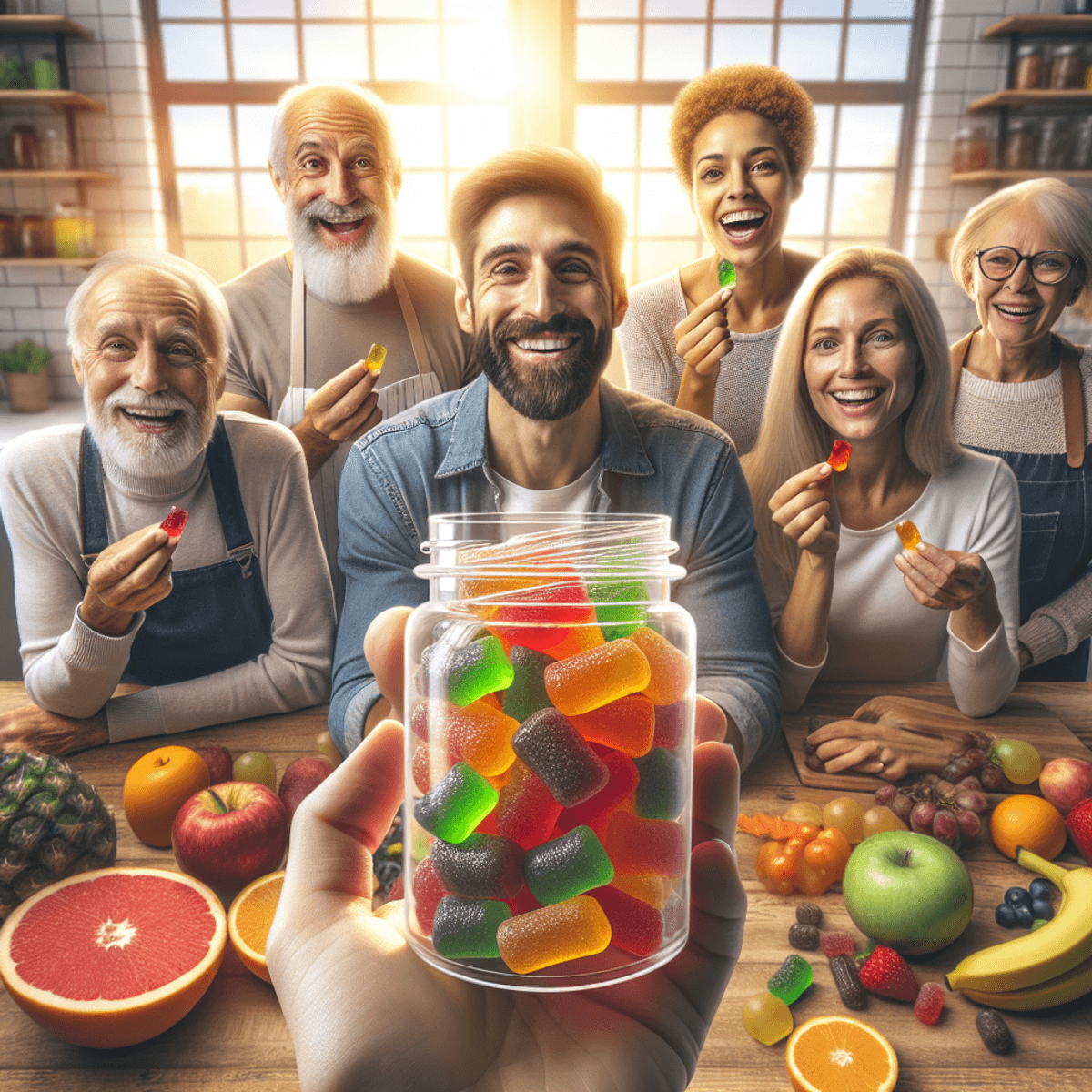 A diverse group of Caucasian and Hispanic men and women joyfully enjoying rainbow-colored keto gummies in a bright, welcoming kitchen. Their faces display delight and satisfaction as they gather around a central bowl of vibrant gummies, showcasing a variety of colors. In the background, fresh fruits and keto-friendly snacks subtly emphasize a health-conscious lifestyle. The scene is realistically depicted, highlighting the colorful gummies and the happy expressions of the individuals.