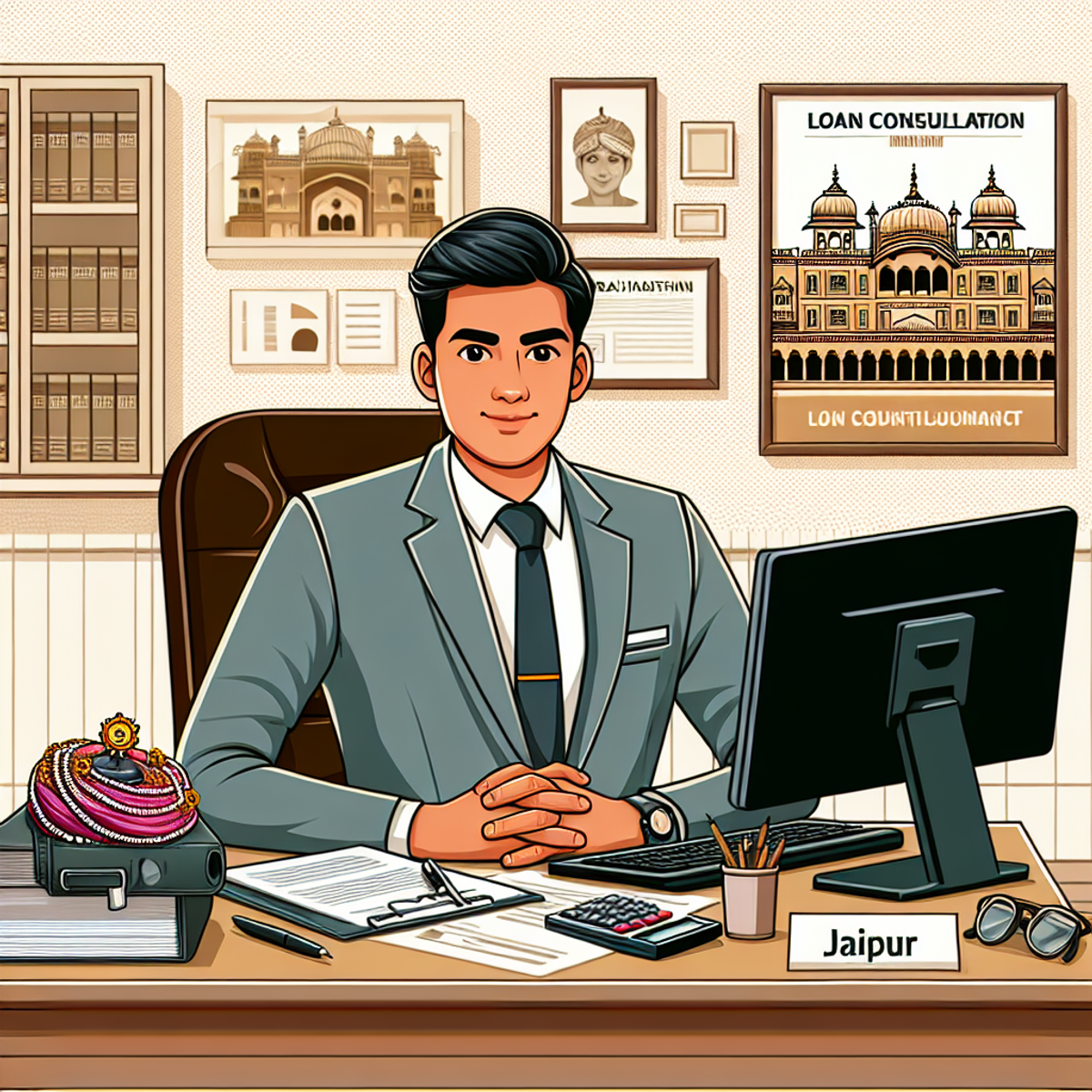 A South Asian male professional loan consultant sitting at a desk filled with paperwork, calculator, computer, and brochures in an office space with Rajasthan traditional decor elements.