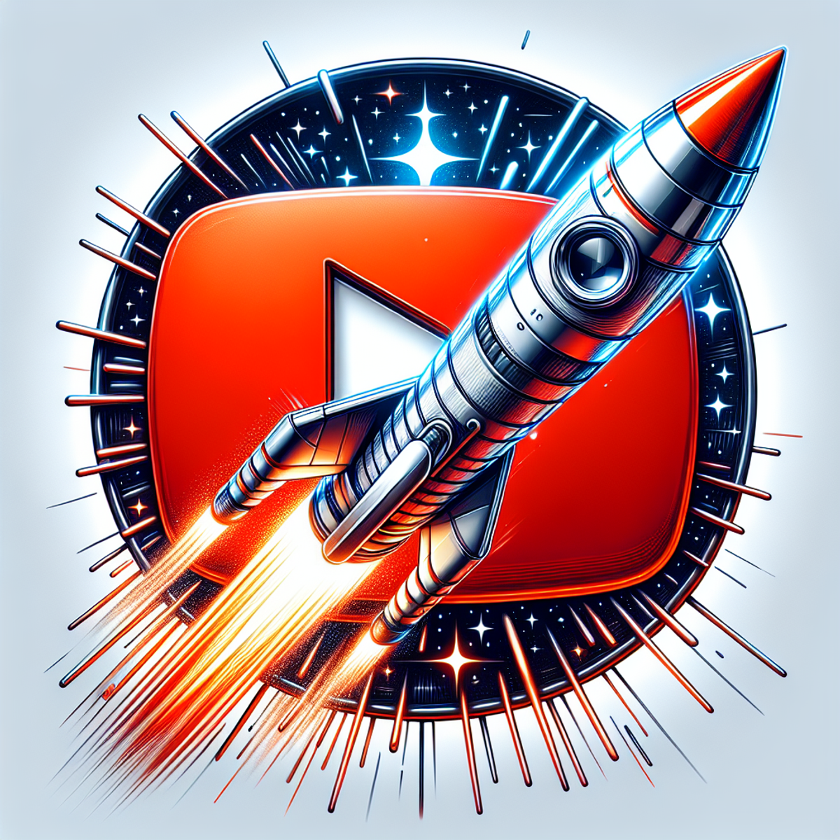 Vibrant YouTube logo with red play button launching a rocket symbolizing rapid growth and high visibility.