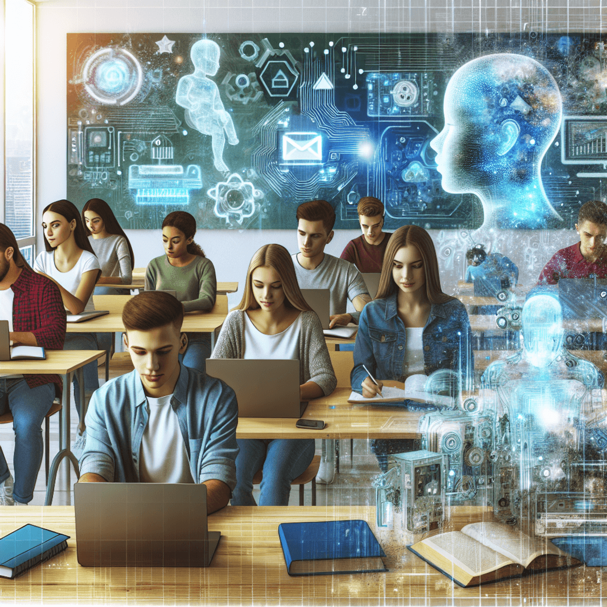 A vibrant modern classroom filled with diverse students of Caucasian, Asian, and Hispanic descent. They are actively engaged with laptops and tablets, collaborating on projects. The classroom features large windows letting in natural light, plants for a touch of nature, and colorful posters of technological concepts on the walls. Ethereal, abstract representations of data and algorithms swirl around the room, blending seamlessly into the environment, symbolizing artificial intelligence. The atmosphere is bright and inspiring, showcasing eager expressions on the students' faces as they explore the possibilities of AI together.