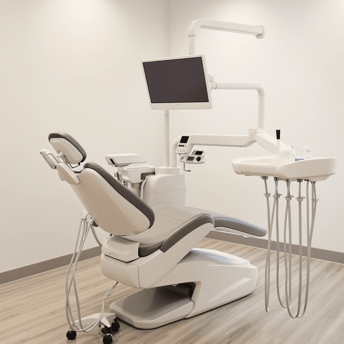 A modern dental chair in a bright, clean clinic with ergonomic design and soft lighting, showcasing advanced technology and comfort.