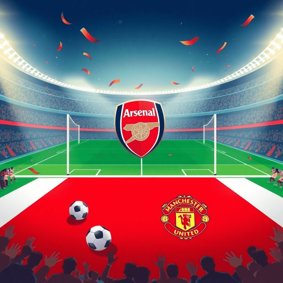 A vibrant illustration of a football pitch split in half, showcasing Arsenal's red and white on one side and Manchester United's red and black on the other, with fans cheering.