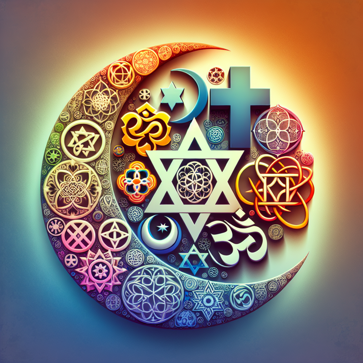 An image of religious symbols intertwined, including a cross, crescent moon and star, Om symbol, Star of David, Dharma wheel, and other tokens of faith, creating a vibrant and harmonious composition.