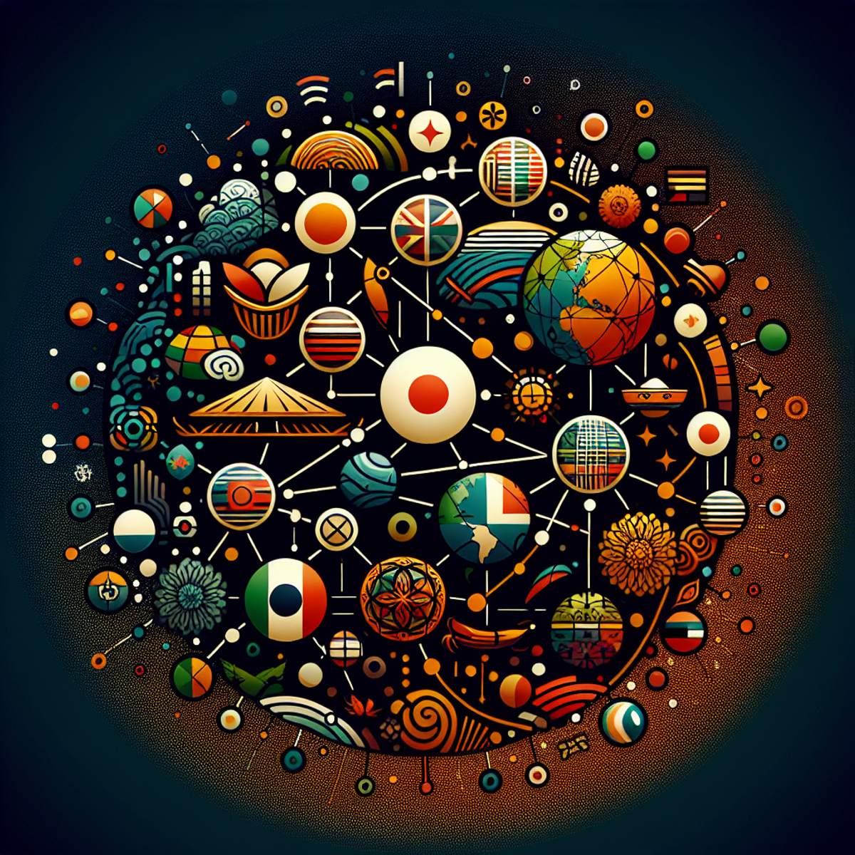 Interconnected spheres representing global communication with cultural symbols for different languages.