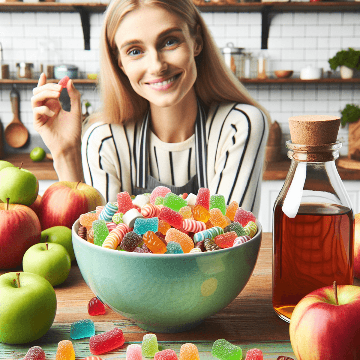 A vibrant kitchen scene featuring a colorful bowl filled with small, brightly colored edible objects resembling low-carb gummies at the center. Surrounding the bowl are fresh apples and glass containers labeled with apple cider vinegar. In the background, a smiling Caucasian woman holds some of the gummies, radiating happiness and contentment, promoting the enjoyment of a low-carb diet. The kitchen is bright and inviting, emphasizing a healthy lifestyle.