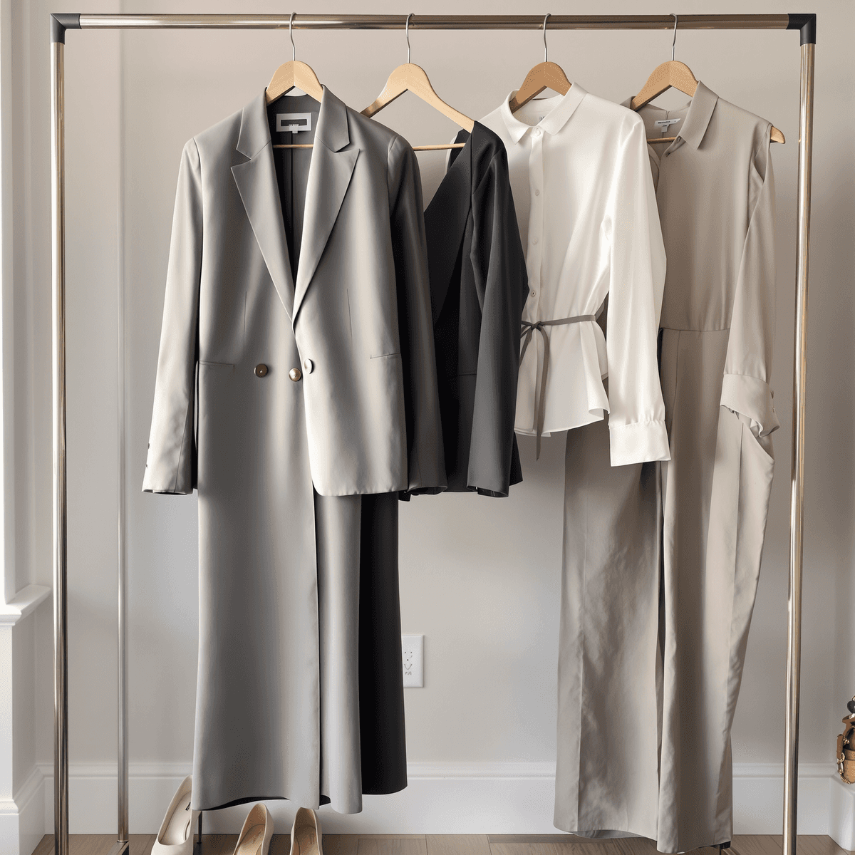 Minimalist wardrobe with blazer, midi dress, trousers, blouse on modern rack, soft natural light, shoes and accessories nearby for day-to-night style.
