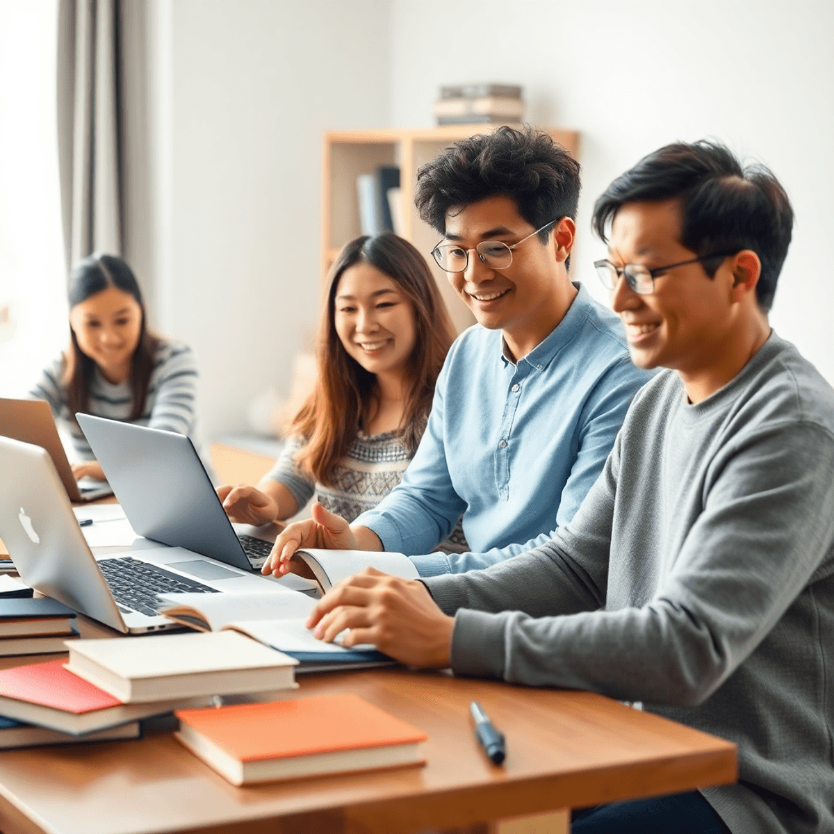 A bright and inviting home setting with a group of people engaged in online learning at a desk, surrounded by laptops, books, and notepads, symbolizing digital education.