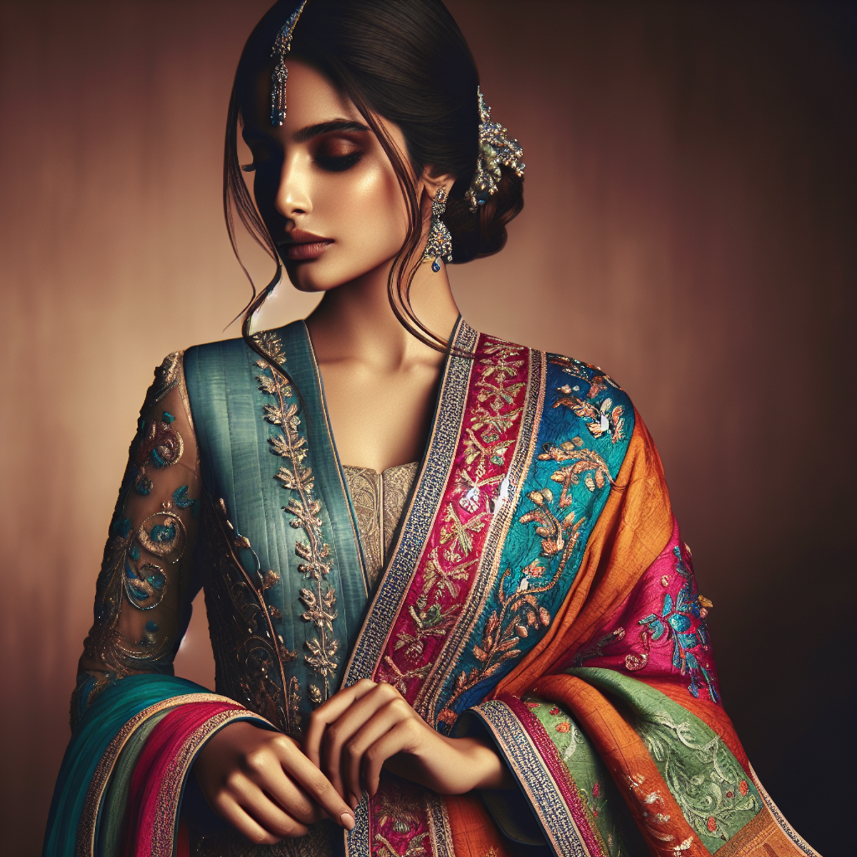 A South Asian woman wearing a vibrant and elegant ethnic outfit, exuding confidence and pride in her cultural heritage.