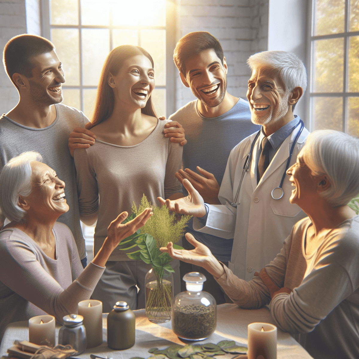 22 Year Old DAD Formulation Hope In Infertility 8 A diverse group of Caucasian and Hispanic patients, smiling and animatedly sharing stories in a warmly lit medical space. They are surrounded by soft, natural light filtering through large windows, illuminating the room filled with lush herbal plants on the windowsill and traditional wellness tools like wooden mortars and pestles artfully arranged on a shelf. The atmosphere is inviting and empowering, reflecting a sense of community and health transformation among the individuals.