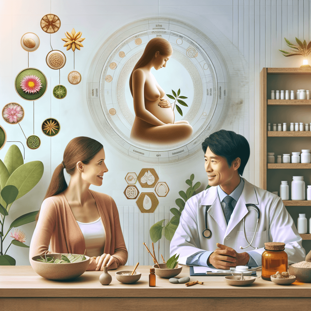 22 Year Old DAD Formulation Hope In Infertility 4 A serene Ayurvedic clinic with a Caucasian woman and an Asian man discussing fertility treatments, surrounded by lush plants and herbal remedies, highlighting the theme of holistic healing and wellness.